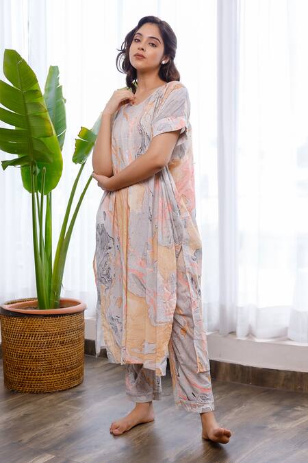 Shop_Pheeta_Grey Cotton Marble Print V Neck Tunic And Pant Set_Online_at_Aza_Fashions