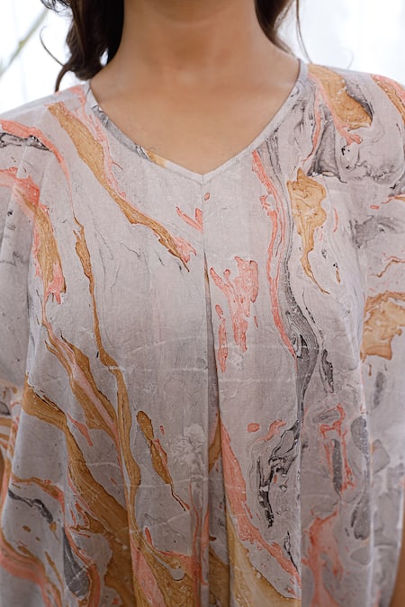 Pheeta_Grey Cotton Marble Print V Neck Tunic And Pant Set_at_Aza_Fashions