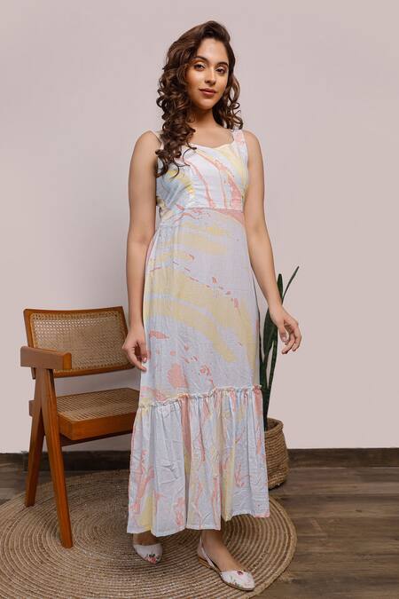 Pheeta_Blue Cotton Marble Leaf Neck Midi Dress_Online_at_Aza_Fashions