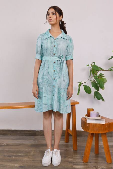 Pheeta_Blue Cotton Marble Print Spread Collar Shirt Dress _Online_at_Aza_Fashions