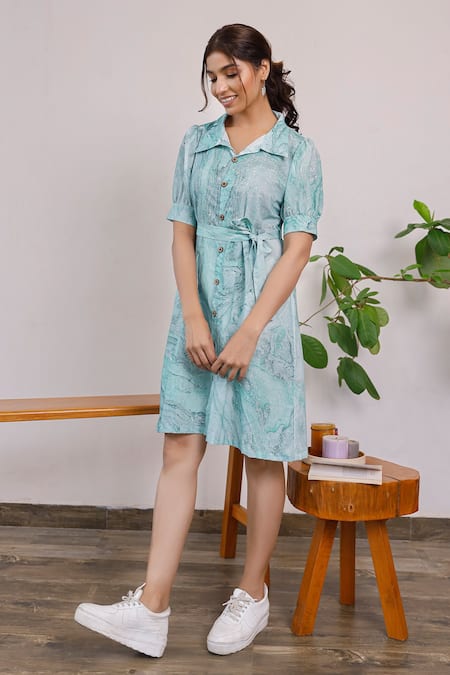 Shop_Pheeta_Blue Cotton Marble Print Spread Collar Shirt Dress _Online_at_Aza_Fashions