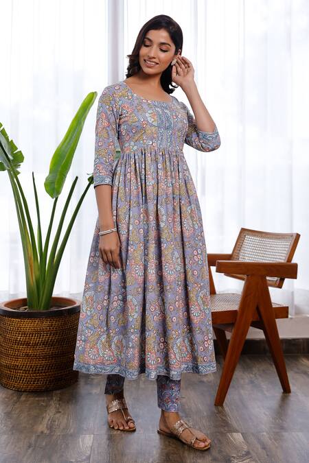 Pheeta_Purple Cotton Floral Scoop Neck Anarkali And Pant Set_Online_at_Aza_Fashions