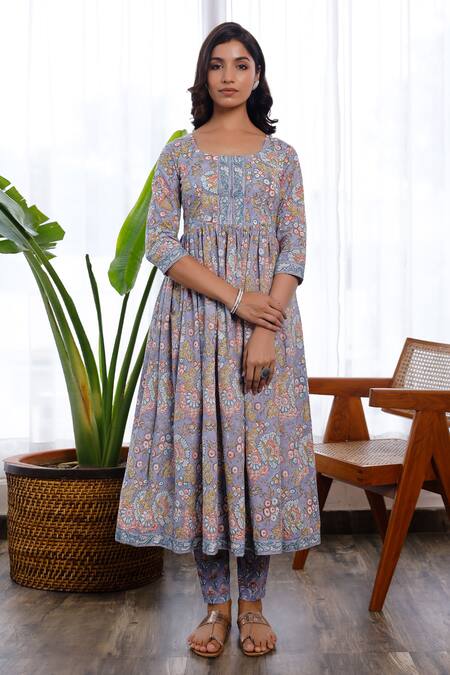 Buy_Pheeta_Purple Cotton Floral Scoop Neck Anarkali And Pant Set_Online_at_Aza_Fashions