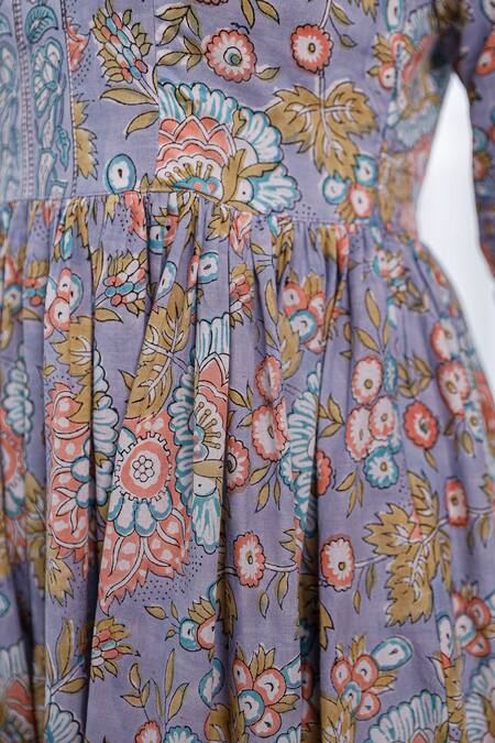 Pheeta_Purple Cotton Floral Scoop Neck Anarkali And Pant Set_at_Aza_Fashions