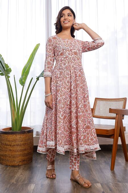 Pheeta_Orange Cotton Floral Print Square Neck Anarkali And Pant Set_Online_at_Aza_Fashions