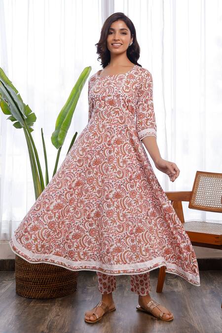Buy_Pheeta_Orange Cotton Floral Print Square Neck Anarkali And Pant Set_Online_at_Aza_Fashions