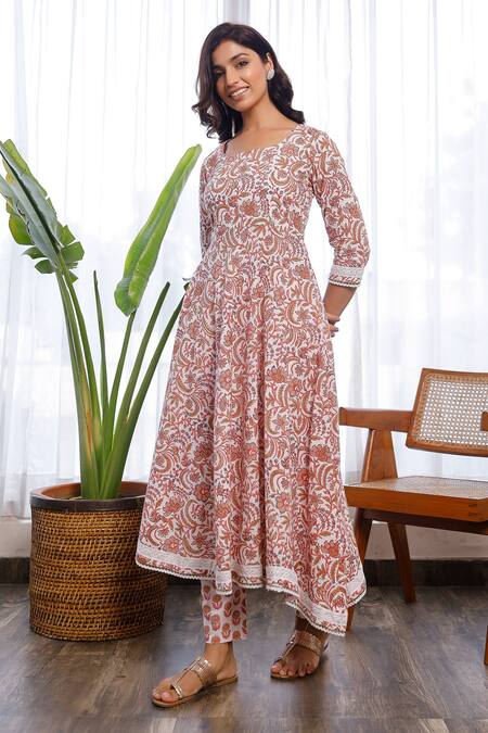 Shop_Pheeta_Orange Cotton Floral Print Square Neck Anarkali And Pant Set_Online_at_Aza_Fashions