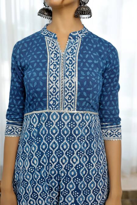 Buy Pheeta Blue Cotton Bagru Print Kurta Set Online