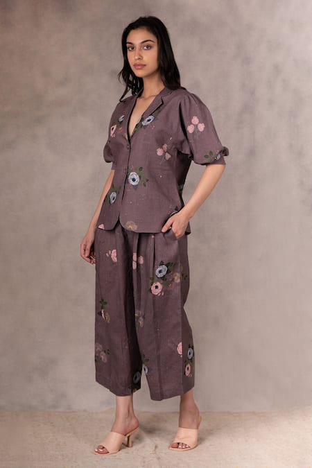 Arcvsh By Pallavi Singh Purple 100% Linen Floral Notched Collar Print Jacket And Culottes Set 