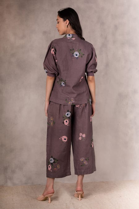 Shop Arcvsh By Pallavi Singh Purple 100% Linen Floral Notched Collar Print Jacket And Culottes Set at Aza Fashions Shop_Arcvsh By Pallavi Singh_Purple 100% Linen Floral Notched Collar Print Jacket And Culottes Set _at_Aza_Fashions