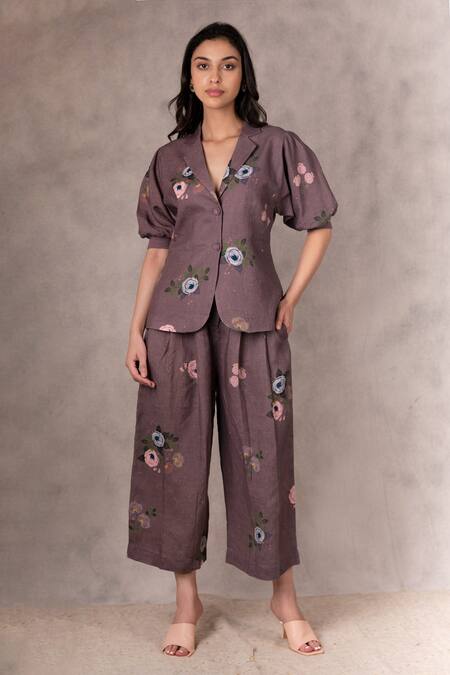 Arcvsh By Pallavi Singh Purple 100% Linen Floral Notched Collar Print Jacket And Culottes Set Online at Aza Fashions Arcvsh By Pallavi Singh_Purple 100% Linen Floral Notched Collar Print Jacket And Culottes Set _Online_at_Aza_Fashions
