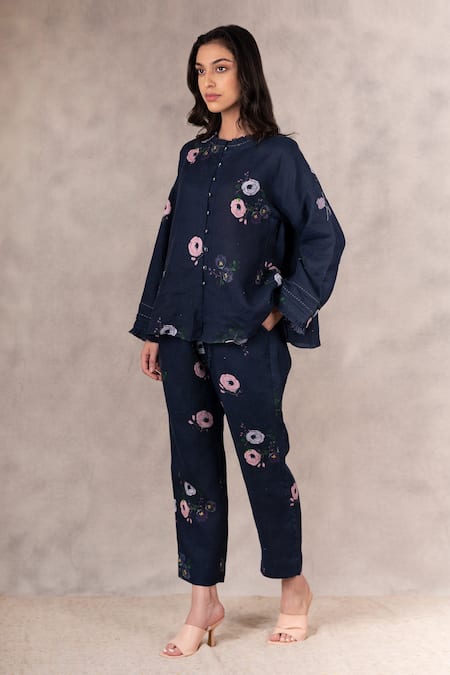 Arcvsh By Pallavi Singh Blue 100% Linen Floral Eden Print Pant 