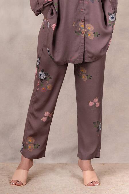 Buy_Arcvsh By Pallavi Singh_Brown 100% Linen Floral Eden Print Pant_Online_at_Aza_Fashions