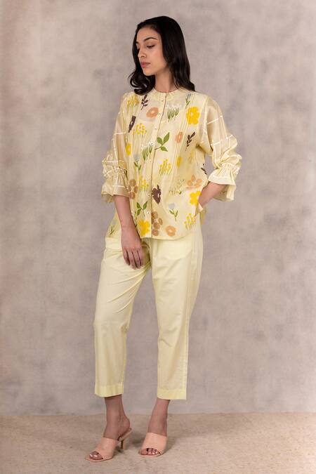 Shop_Arcvsh By Pallavi Singh_Yellow 100% Linen Pant_Online_at_Aza_Fashions