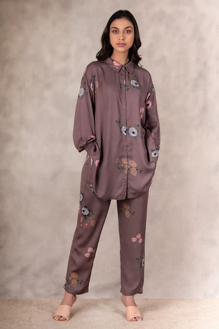 Arcvsh By Pallavi Singh_Brown 100% Linen Floral Shirt Collar Eden Print Tunic_Online_at_Aza_Fashions