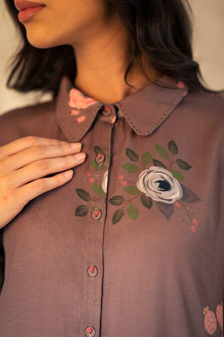Buy_Arcvsh By Pallavi Singh_Brown 100% Linen Floral Shirt Collar Eden Print Tunic_Online_at_Aza_Fashions