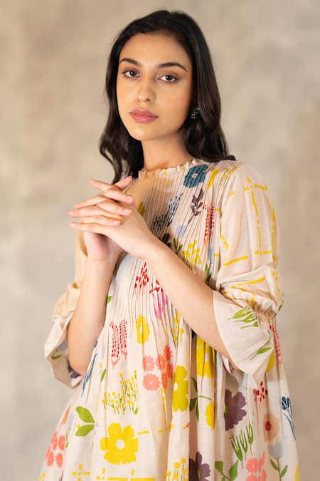Arcvsh By Pallavi Singh_Beige Cotton Silk Floral Round Print Tunic_at_Aza_Fashions