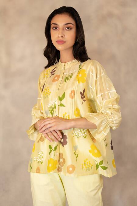 Buy Arcvsh By Pallavi Singh Beige Chanderi Silk Checkered, Floral Round Printed Shirt at Aza Fashions Buy_Arcvsh By Pallavi Singh_Beige Chanderi Silk Checkered, Floral Round Printed Shirt_at_Aza_Fashions