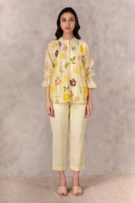 Arcvsh By Pallavi Singh Beige Chanderi Silk Checkered, Floral Round Printed Shirt Online at Aza Fashions Arcvsh By Pallavi Singh_Beige Chanderi Silk Checkered, Floral Round Printed Shirt_Online_at_Aza_Fashions