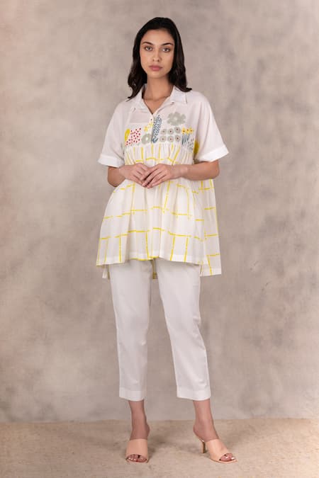 Buy Arcvsh By Pallavi Singh Ivory Cotton Silk Checkered, Floral Collared Neck Print Top Online at Aza Fashions Buy_Arcvsh By Pallavi Singh_Ivory Cotton Silk Checkered, Floral Collared Neck Print Top_Online_at_Aza_Fashions