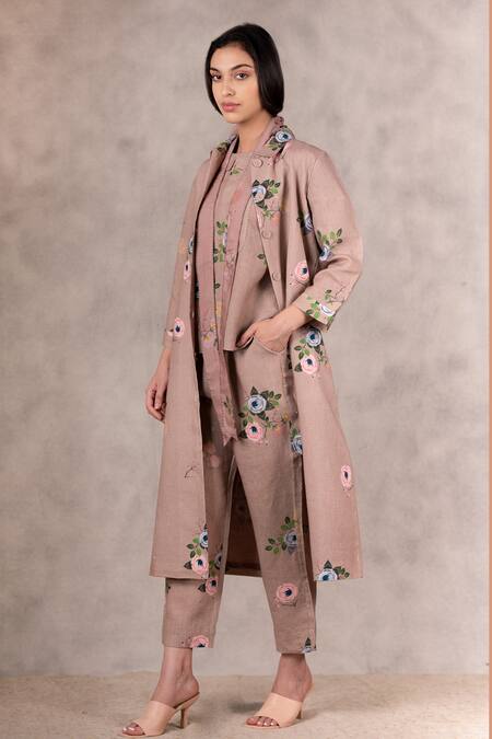 Shop_Arcvsh By Pallavi Singh_Brown 100% Linen Floral Shirt Collar Printed Jacket And Pant Set_Online_at_Aza_Fashions