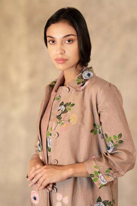 Arcvsh By Pallavi Singh_Brown 100% Linen Floral Shirt Collar Printed Jacket And Pant Set_at_Aza_Fashions