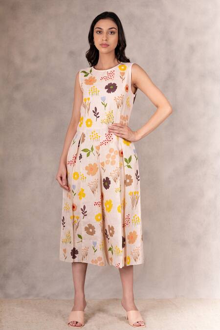 Arcvsh By Pallavi Singh_Peach Silk Organza, 100% Linen Floral Jacket Open, Jumpsuit Round Print With _Online_at_Aza_Fashions