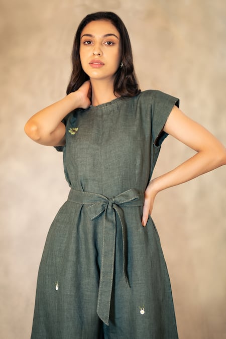 Shop_Arcvsh By Pallavi Singh_Green 100% Linen Floral Round Placement Embroidered Jumpsuit _Online_at_Aza_Fashions