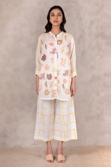 Arcvsh By Pallavi Singh Ivory 100% Linen Floral, Geometric Mandarin Collar Embroidered Tunic And Pant Set Online at Aza Fashions Arcvsh By Pallavi Singh_Ivory 100% Linen Floral, Geometric Mandarin Collar Embroidered Tunic And Pant Set _Online_at_Aza_Fashions