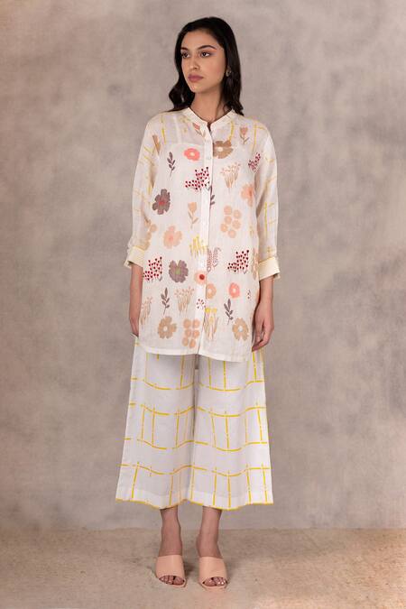 Buy Arcvsh By Pallavi Singh Ivory 100% Linen Floral, Geometric Mandarin Collar Embroidered Tunic And Pant Set Online at Aza Fashions Buy_Arcvsh By Pallavi Singh_Ivory 100% Linen Floral, Geometric Mandarin Collar Embroidered Tunic And Pant Set _Online_at_Aza_Fashions