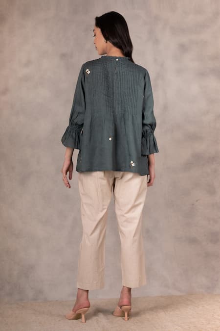 Shop Arcvsh By Pallavi Singh Green 100% Linen Floral Round Embroidered Top at Aza Fashions Shop_Arcvsh By Pallavi Singh_Green 100% Linen Floral Round Embroidered Top _at_Aza_Fashions