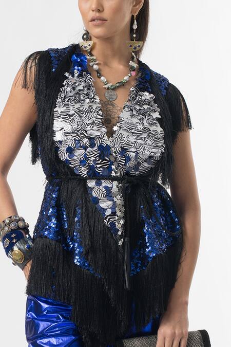 Buy_Rara Avis_Blue Cotton Satin Embroidered Gilet And Trouser Set_Online_at_Aza_Fashions