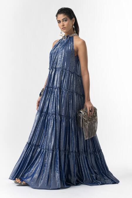 Rara Avis_Blue Halter Neck Gown _Online_at_Aza_Fashions