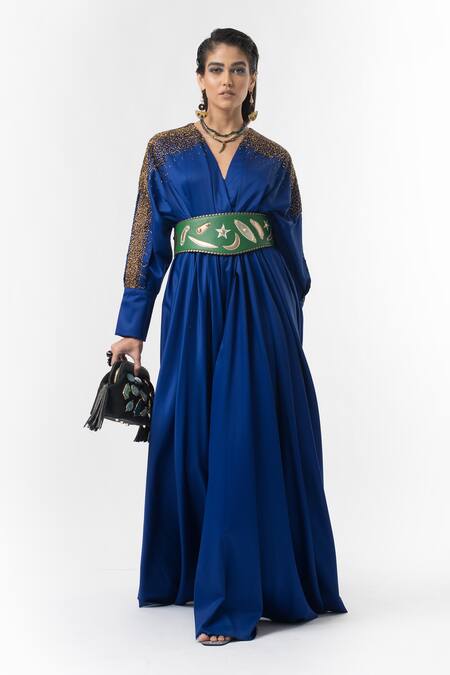 Buy Rara Avis Blue Cotton Satin Pleated Dress at Aza Fashions Buy_Rara Avis_Blue Cotton Satin Pleated Dress _at_Aza_Fashions