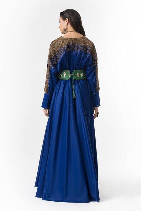 Shop Rara Avis Blue Cotton Satin Pleated Dress at Aza Fashions Shop_Rara Avis_Blue Cotton Satin Pleated Dress _at_Aza_Fashions