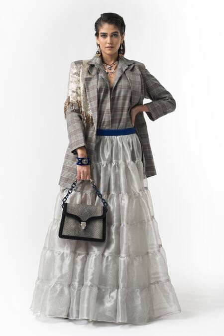 Buy Rara Avis Grey Checkered Blazer And Tiered Skirt Set at Aza Fashions Buy_Rara Avis_Grey Checkered Blazer And Tiered Skirt Set_at_Aza_Fashions