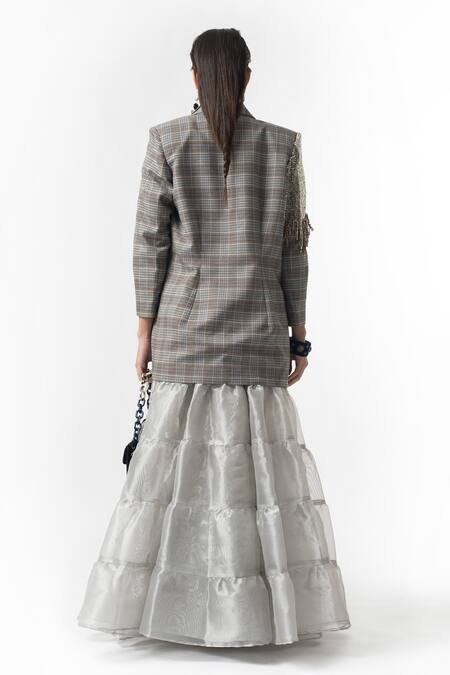 Shop Rara Avis Grey Checkered Blazer And Tiered Skirt Set at Aza Fashions Shop_Rara Avis_Grey Checkered Blazer And Tiered Skirt Set_at_Aza_Fashions
