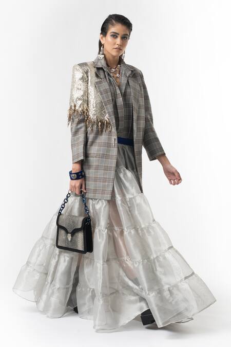 Rara Avis Grey Checkered Blazer And Tiered Skirt Set Online at Aza Fashions Rara Avis_Grey Checkered Blazer And Tiered Skirt Set_Online_at_Aza_Fashions