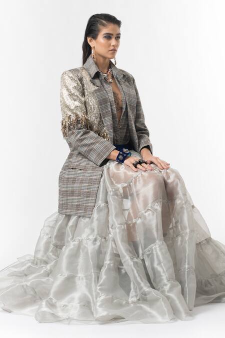 Buy Rara Avis Grey Checkered Blazer And Tiered Skirt Set Online at Aza Fashions Buy_Rara Avis_Grey Checkered Blazer And Tiered Skirt Set_Online_at_Aza_Fashions