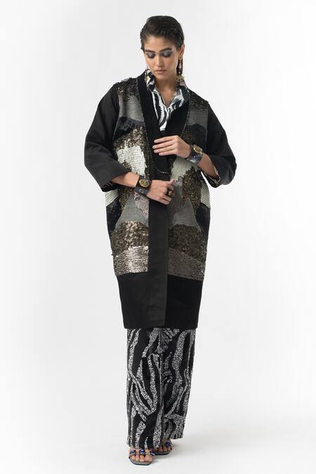 Buy Rara Avis Black Linen Satin Long Jacket at Aza Fashions Buy_Rara Avis_Black Linen Satin Long Jacket _at_Aza_Fashions