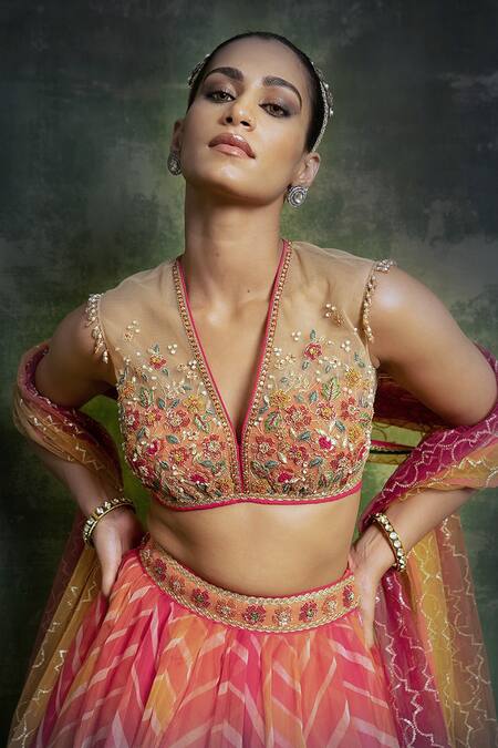 Cedar & Pine Multi Color Organza, Tulle Hand Embroidery V Neck Leheriya Print Lehenga Set Online at Aza Fashions Cedar & Pine_Multi Color Organza, Tulle Hand Embroidery V Neck Leheriya Print Lehenga Set _Online_at_Aza_Fashions