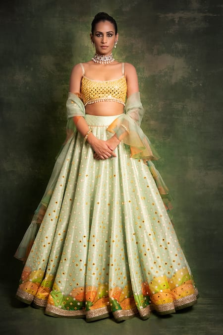 Cedar & Pine Green Organza, Tulle, Dupion Machine Embroidery Scoop Neck Mirror Lehenga Set 