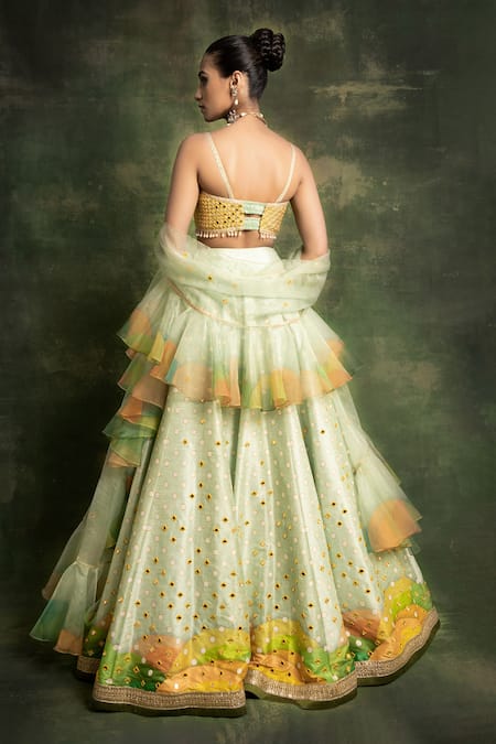 Shop_Cedar & Pine_Green Organza, Tulle, Dupion Machine Embroidery Scoop Neck Mirror Lehenga Set _at_Aza_Fashions