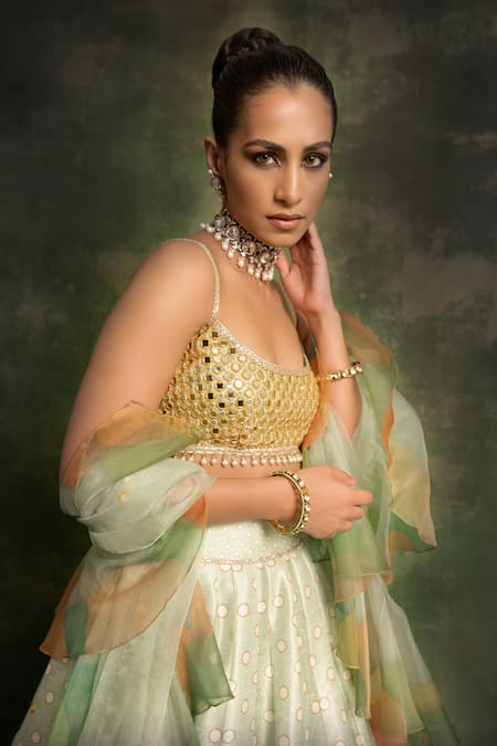 Cedar & Pine_Green Organza, Tulle, Dupion Machine Embroidery Scoop Neck Mirror Lehenga Set _Online_at_Aza_Fashions