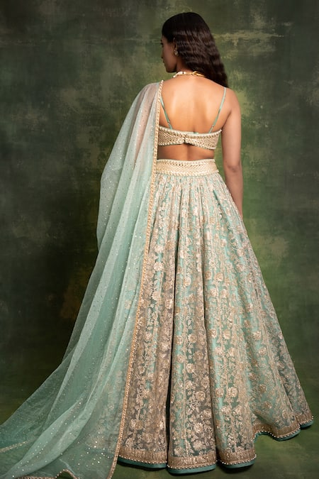 Cedar & Pine_Gold Tulle Embroidered Hand Sweetheart Floral Bridal Lehenga Set _Online_at_Aza_Fashions