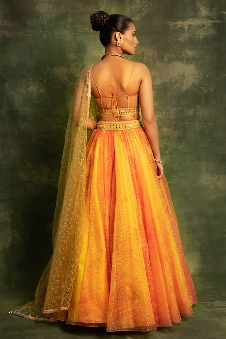 Shop_Cedar & Pine_Yellow Organza, Tulle Foil Print, Machine Embroidery Sweetheart Neck Lehenga Set _at_Aza_Fashions