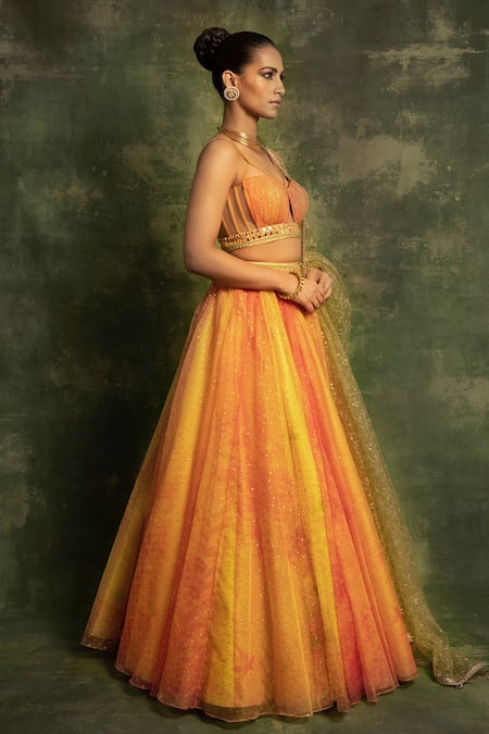 Cedar & Pine_Yellow Organza, Tulle Foil Print, Machine Embroidery Sweetheart Neck Lehenga Set _Online_at_Aza_Fashions