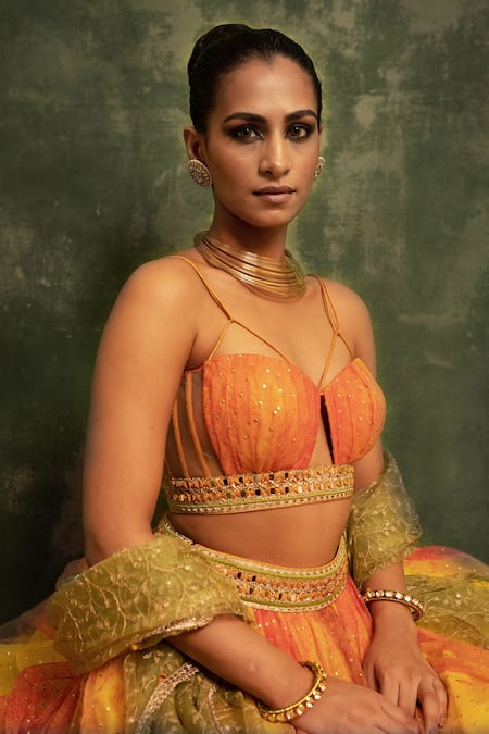 Buy_Cedar & Pine_Yellow Organza, Tulle Foil Print, Machine Embroidery Sweetheart Neck Lehenga Set _Online_at_Aza_Fashions