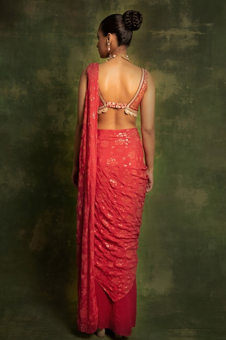 Buy Cedar & Pine Red Floral Pattern Pre-draped Saree Set Online