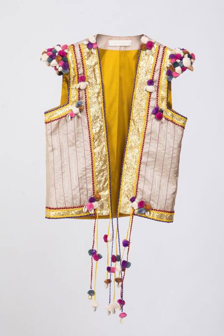 Buy_Kalakari By Akanksha_Beige Silk And Cotton Gota Patti, & Shells Round Jacket & Kurta Set _Online_at_Aza_Fashions